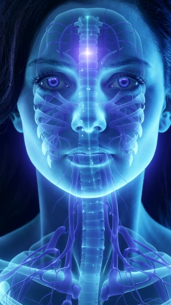 Vídeo vertical: Modelo feminina no set, com pulsação na linha média, mostrando crânio e coluna vertebral e destacando camadas.