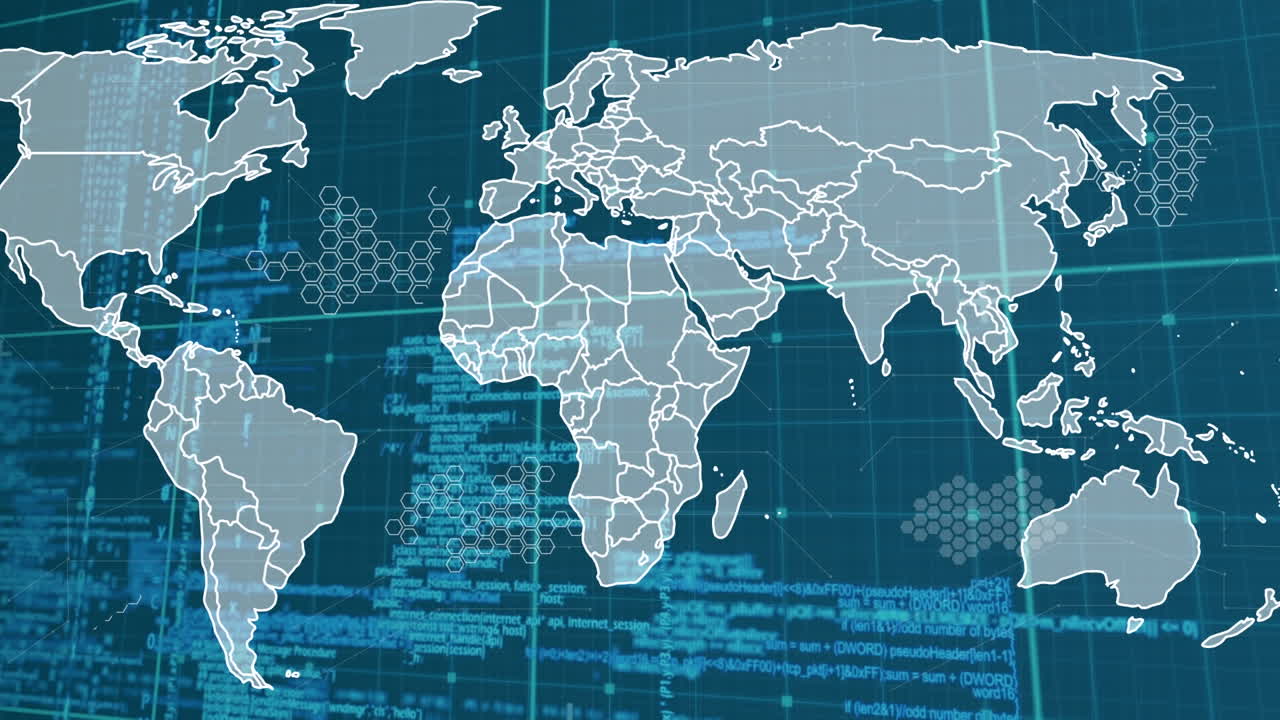 Animation of data processing and world map over blue background