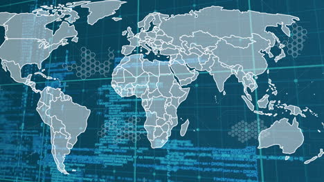animación del procesamiento de datos y el mapa del mundo sobre fondo azul
