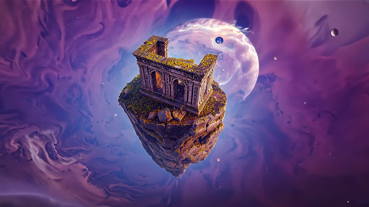 Zooming and tilting camera revealing floating island in nebula, exposing bubble and Earth moons