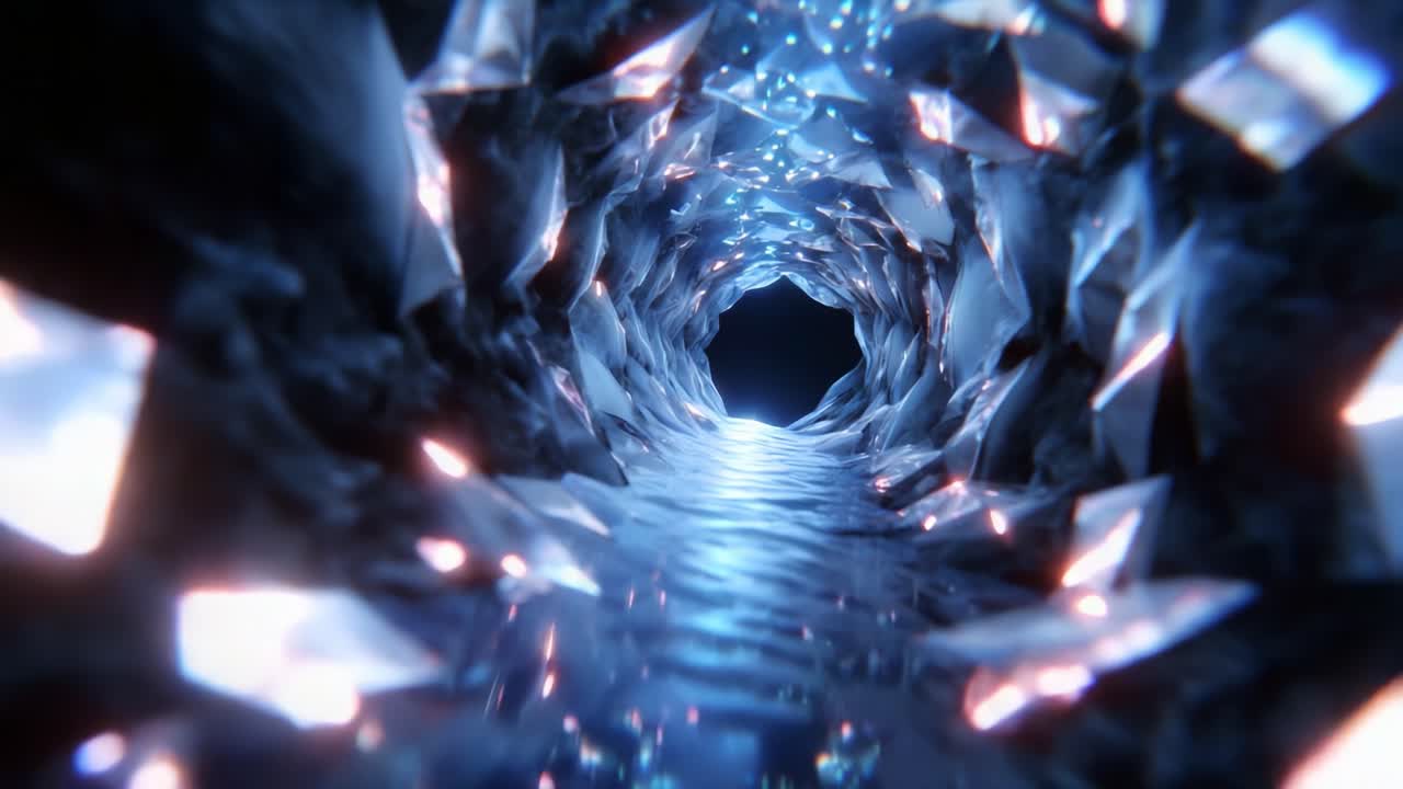 A Stunning Journey Through an Enigmatic Crystal Cave: Explore the Glimmering Passage, Shimmering with Light and Reflective Surfaces, Leading to a Mysterious Depth Filled with Intriguing Visuals and Aesthetic Features