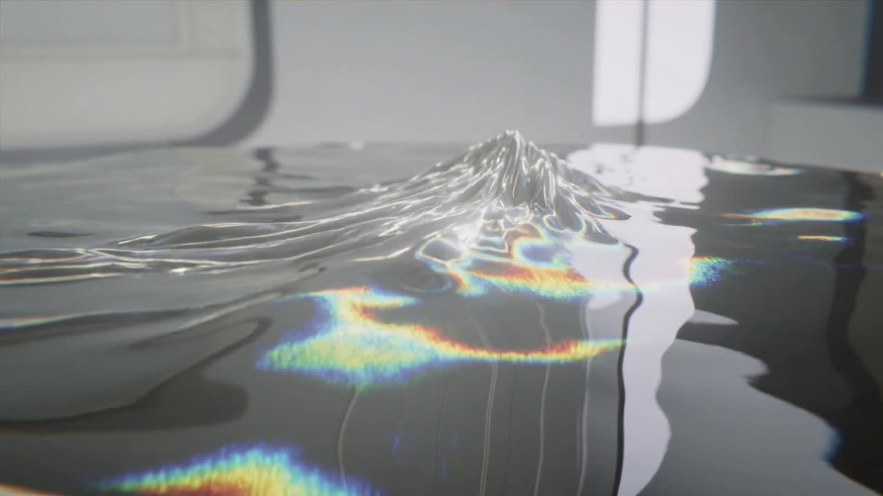 Si forma una cresta dopo un tocco, la superficie liquida scura in una ciotola da studio si increspa verso destra, mostrando chiazze iridescenti.