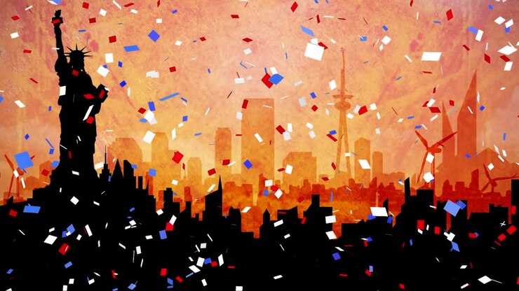 Colorful confetti falling over of silhouette of statue of Liberty and cityscape