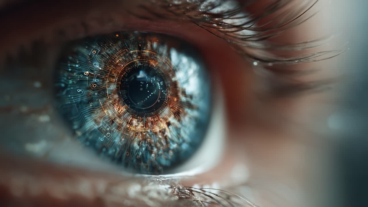 Un primo piano intricato di un occhio futuristico con un pattern di circuito digitale che si manifesta all'interno, evidenziando la fusione tra tecnologia e percezione umana