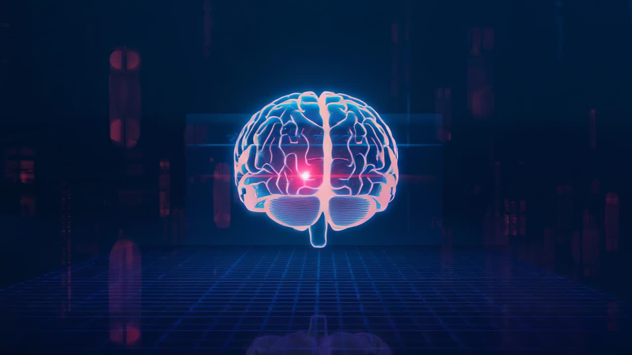 Launching pink pulse after nodes appearing, scanning rotating neon wireframe brain over grid