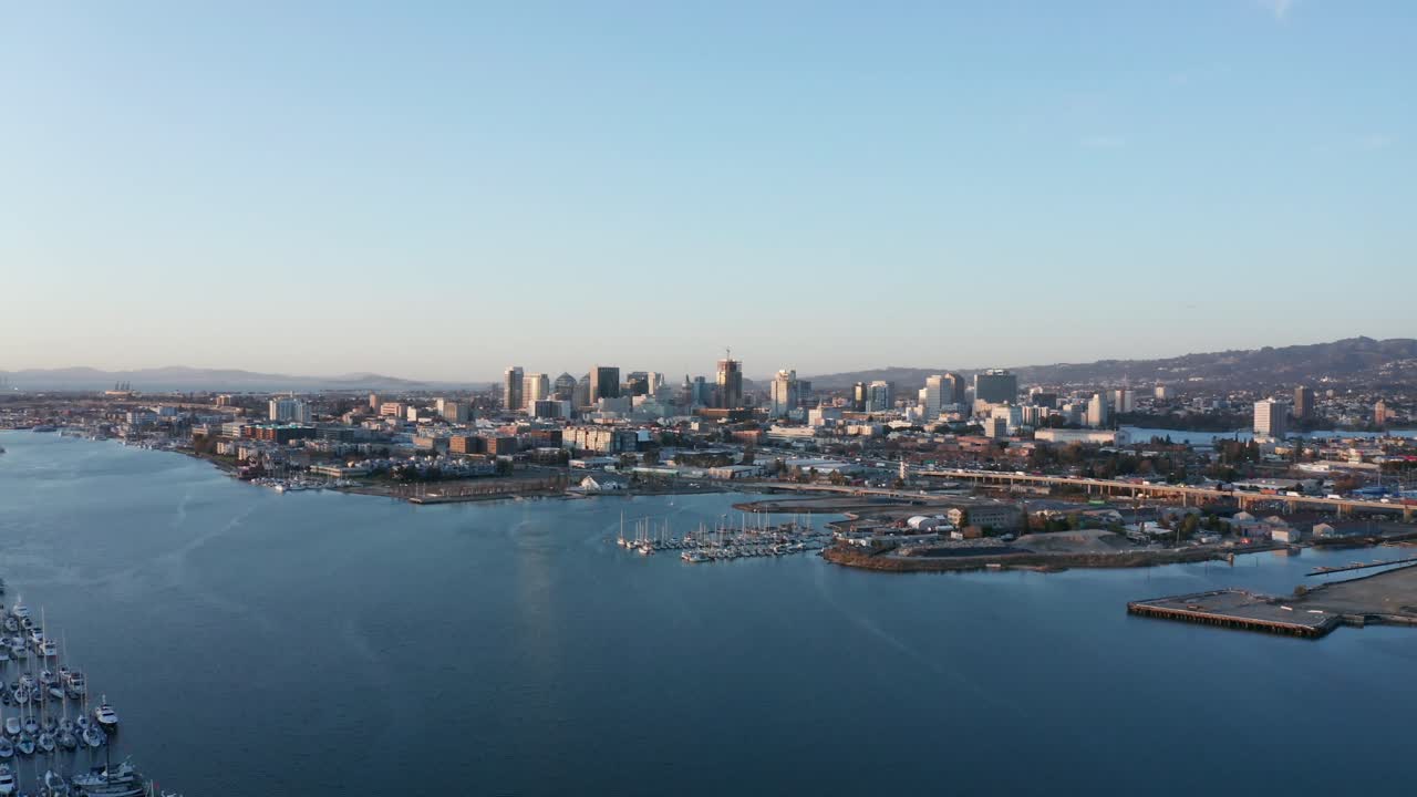 Blue bay afternoon sunset across the city with beautiful sparkles