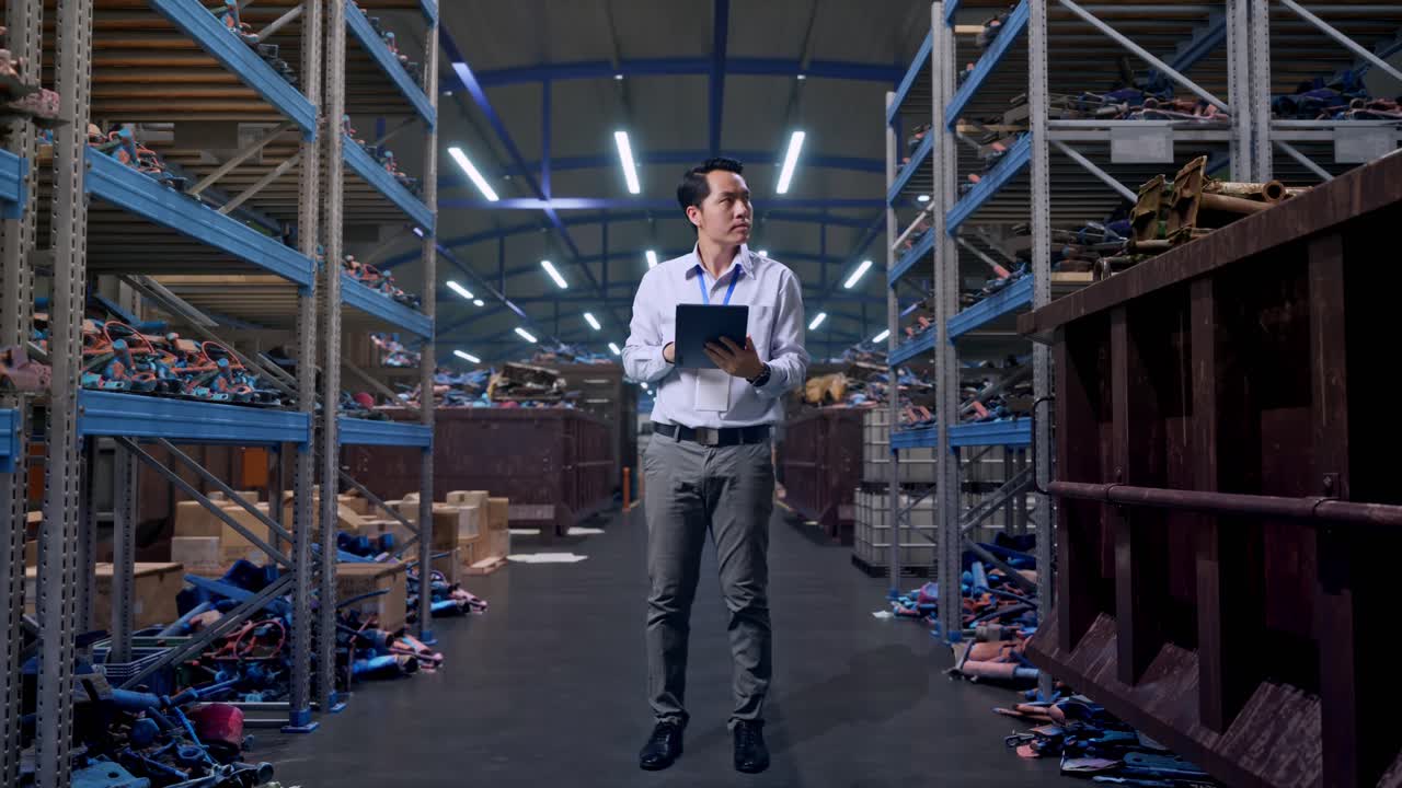 Lavoratore professionista maschio asiatico a figura intera di profilo, in un magazzino industriale di rottami metallici e riciclaggio, osserva guardando in alto prima di concentrarsi sul tablet e continuare a digitare.