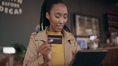 cafe, tablet or black woman with credit card