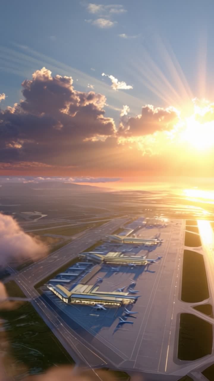 Vista aérea deslumbrante de um aeroporto moderno ao nascer do sol, exibindo a paisagem terrestre e aeronaves em harmonia com a bela iluminação natural.