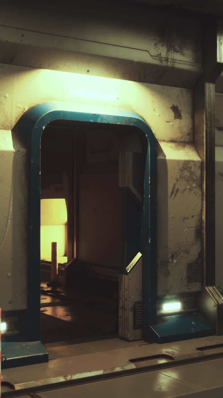 Laboratory entrance with dim lighting and worn walls in a futuristic setting