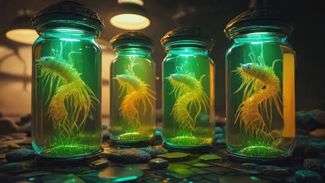 preserved shrimp specimens in glowing jars