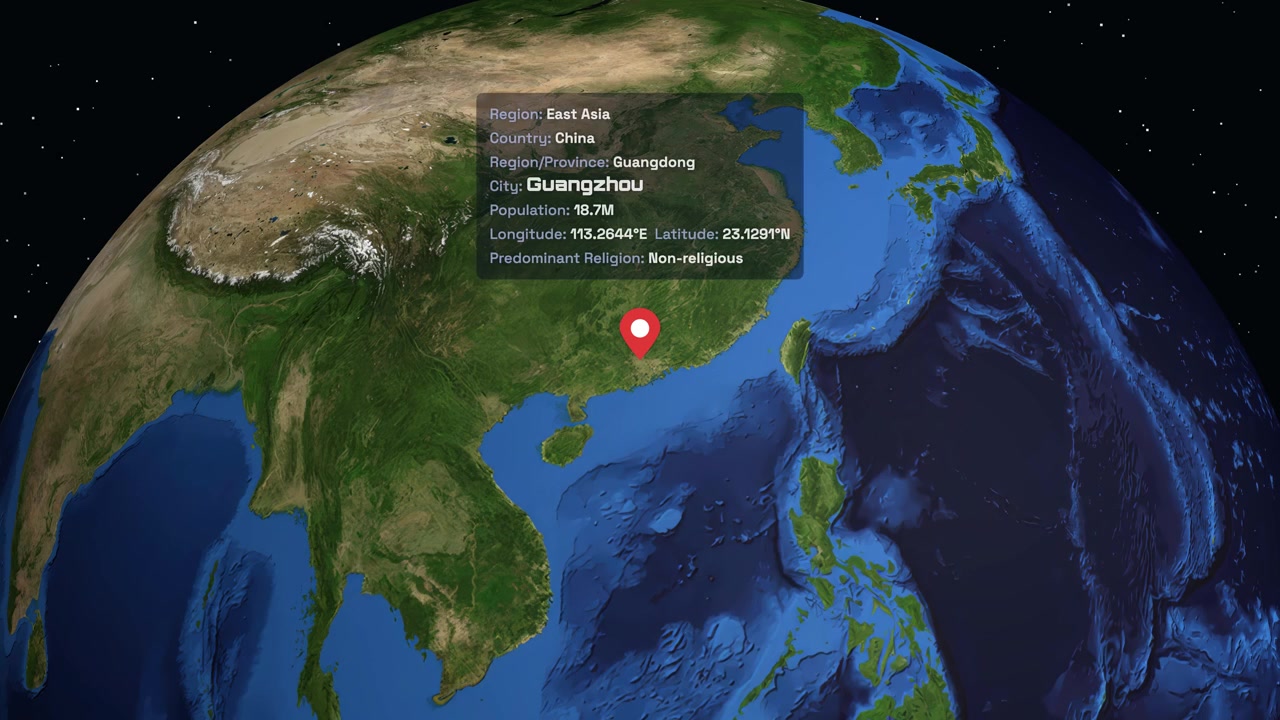 A 3D globe rotates in space before zooming into Guangzhou, China with data overlays