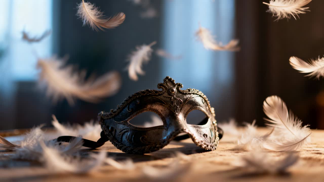 Treibende Federn legen sich um eine metallene Maskenballmaske an einem verhängten Fenster, ausgelöst durch Zugluft.