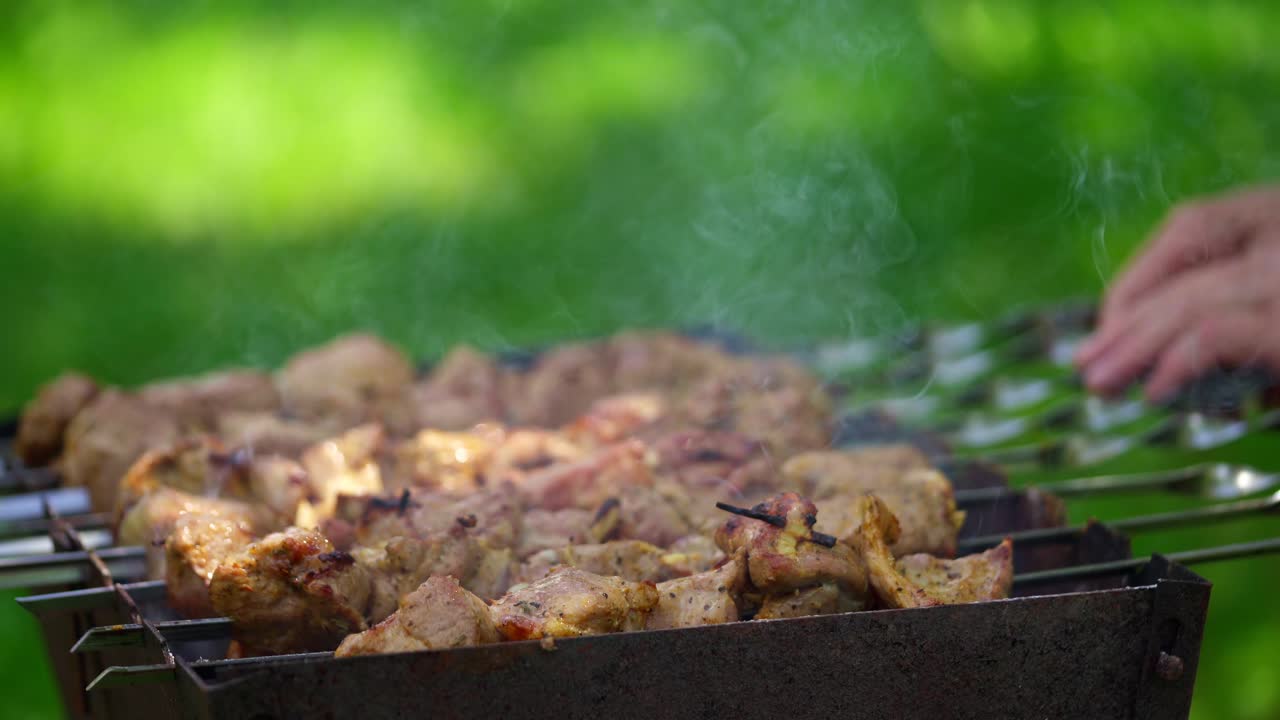 Grilling barbecue meat on wood coal. Process of cooking roasted meat on skewers in a charcoal grill. Man preparing barbecue with delicious grilled meat.