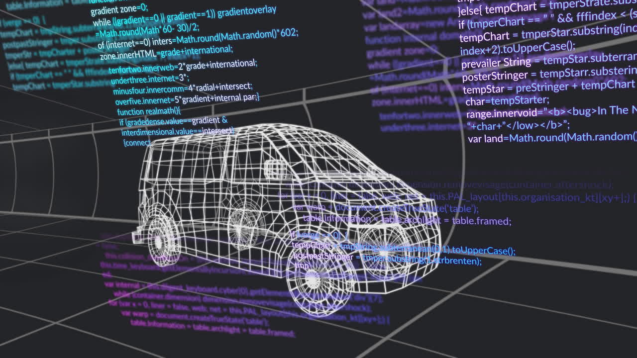 Wireframe van 3D model floating over grid floor while cyan white purple code snippets swirling
