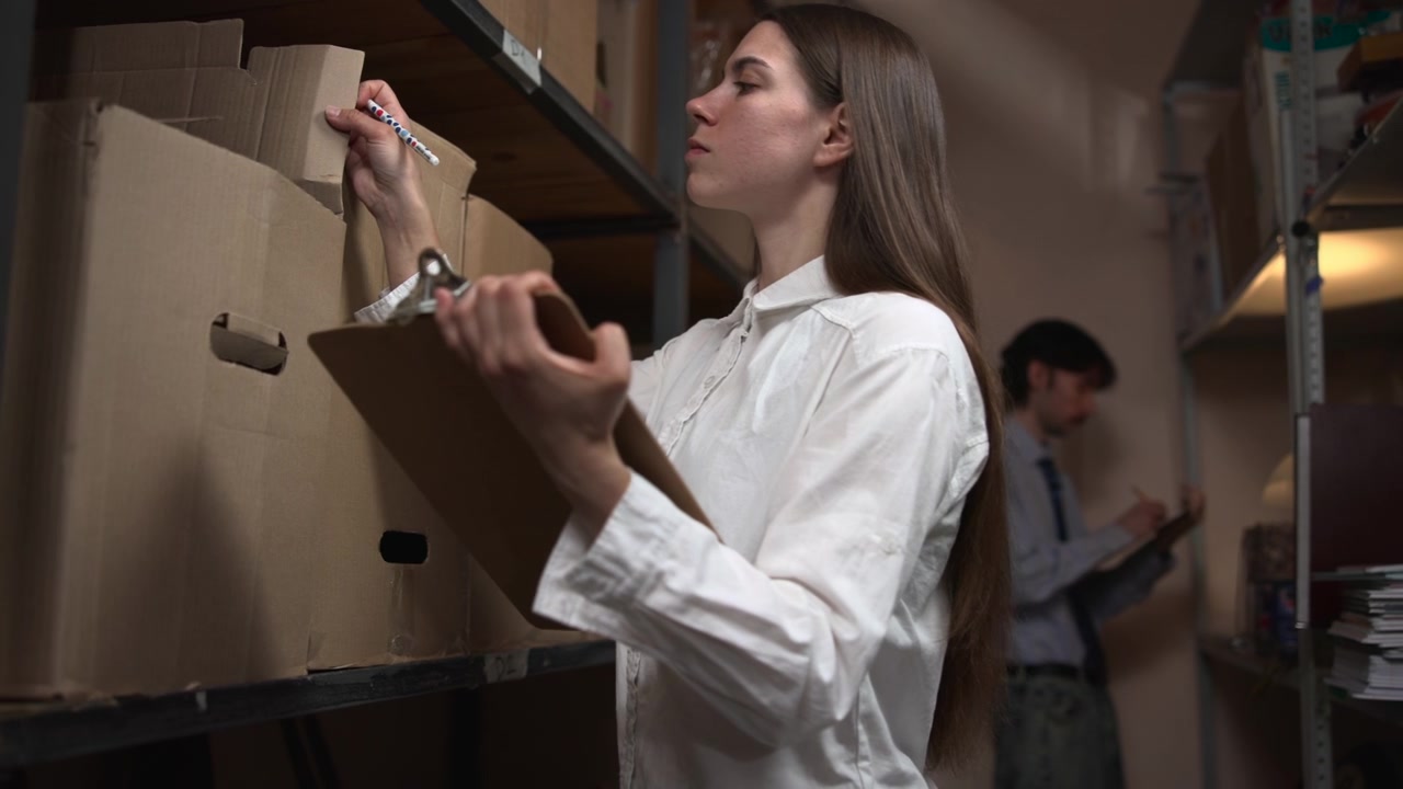 A focused young woman in a white shirt stands beside stacked cardboard boxes on metal shelving, writing on a clipboard in a quiet warehouse aisle under soft