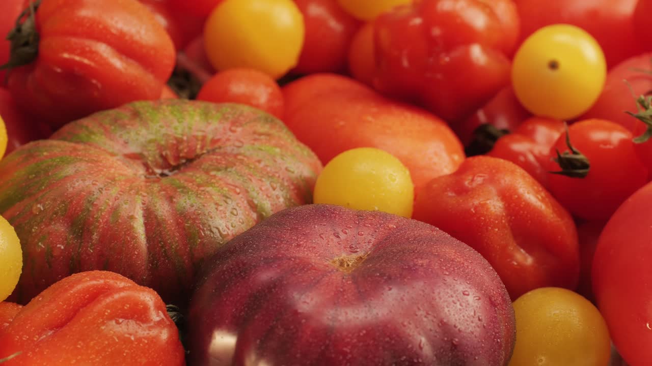 Colorful organic tomatoes. Mix tomatoes background, Several varieties of sliced tomatoes top view. Different assorted colorful tomatoes, heirloom, cherry, rose, beefsteak, cocktail, grape, purple.