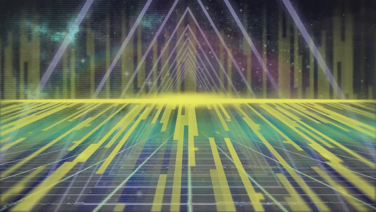 삼각형 모양에 대한 격자 네트워크에 대한 노란색 빛 트레일의 애니메이션