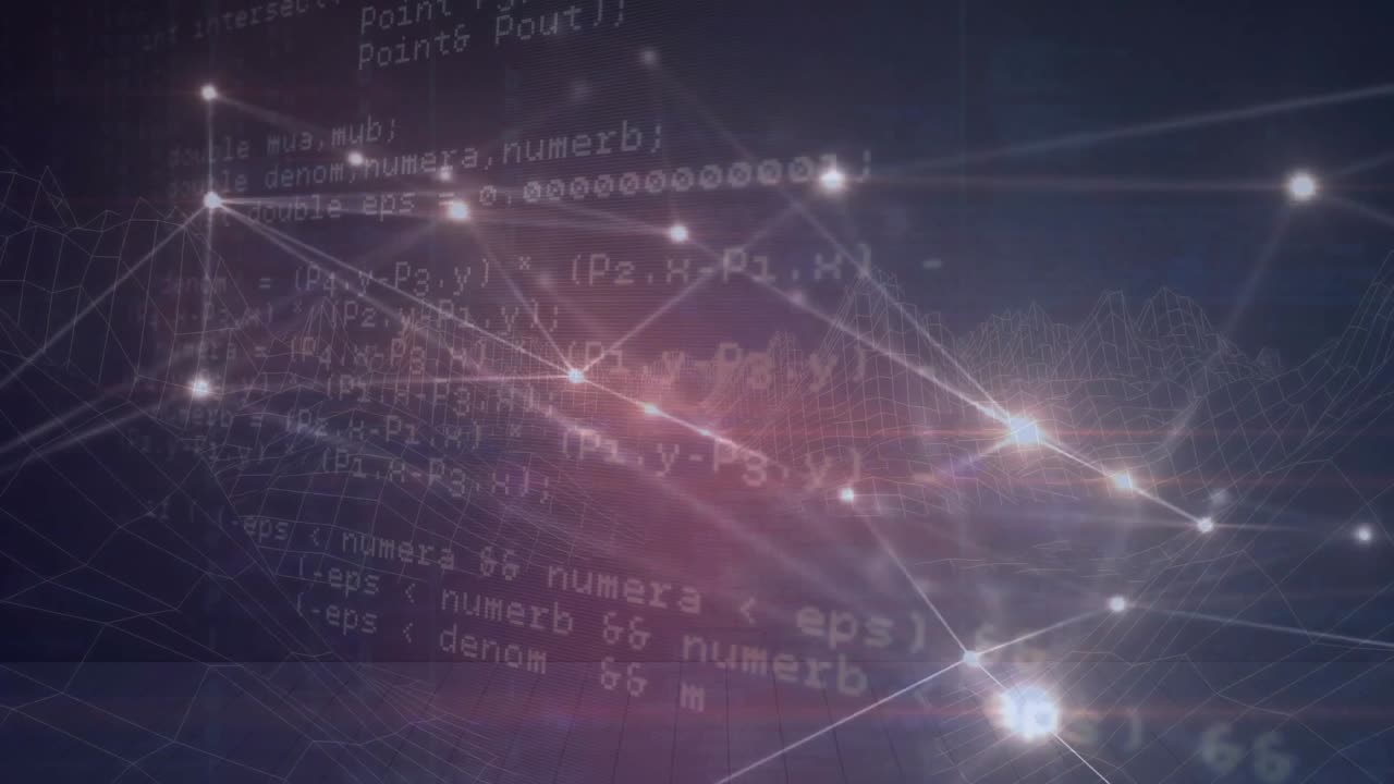 Scrolling code on dark violet starting node glow linking lines forming mesh showing network growth