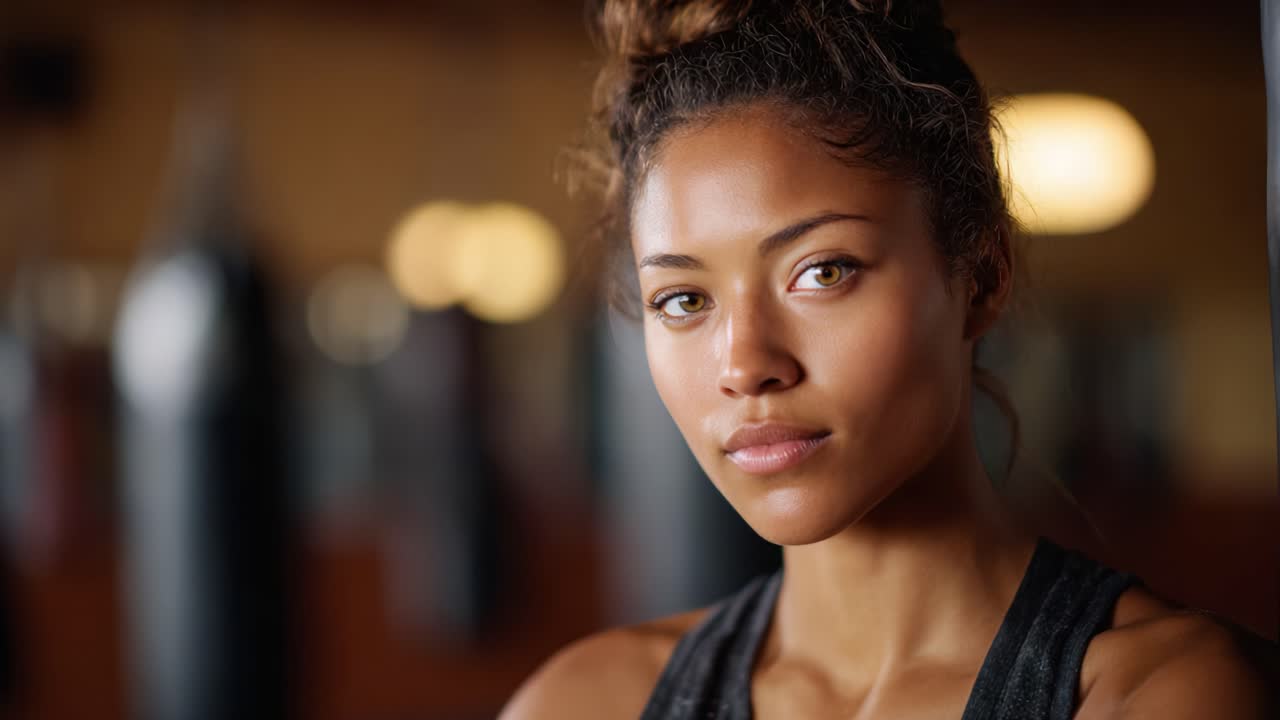 Focused Portrait of a Determined Female Athlete in a Gym Setting, Showcasing Strength and Resilience in the Face of Challenges with Boxing Background