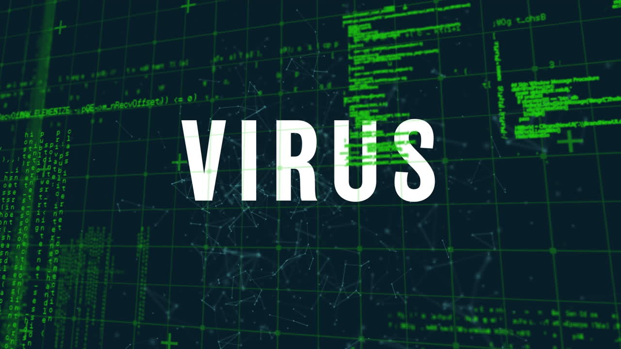 animación del texto del virus, procesamiento de datos y red de conexiones sobre la cuadrícula