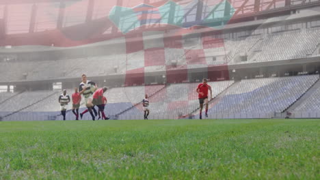 rugby players running on field with stadium and flag animation overlay