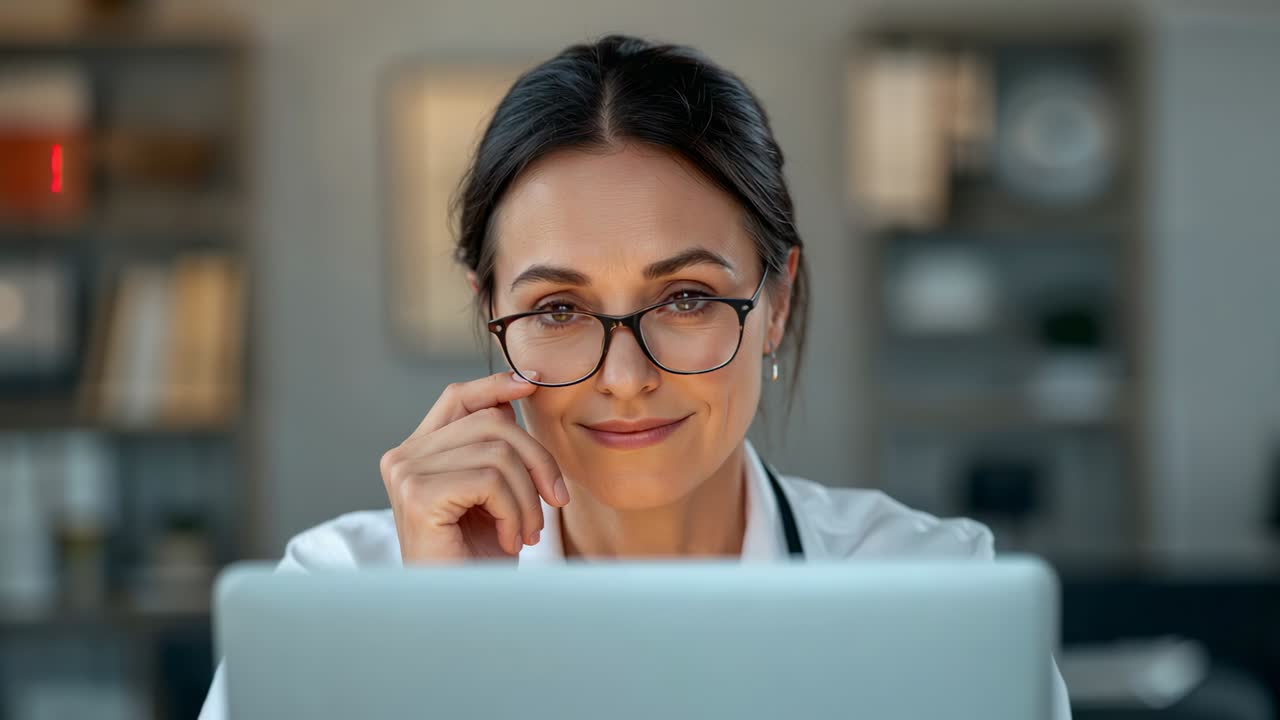 Medico con camice da laboratorio che regola gli occhiali alla luce dello schermo, legge un portatile in clinica, stetoscopio