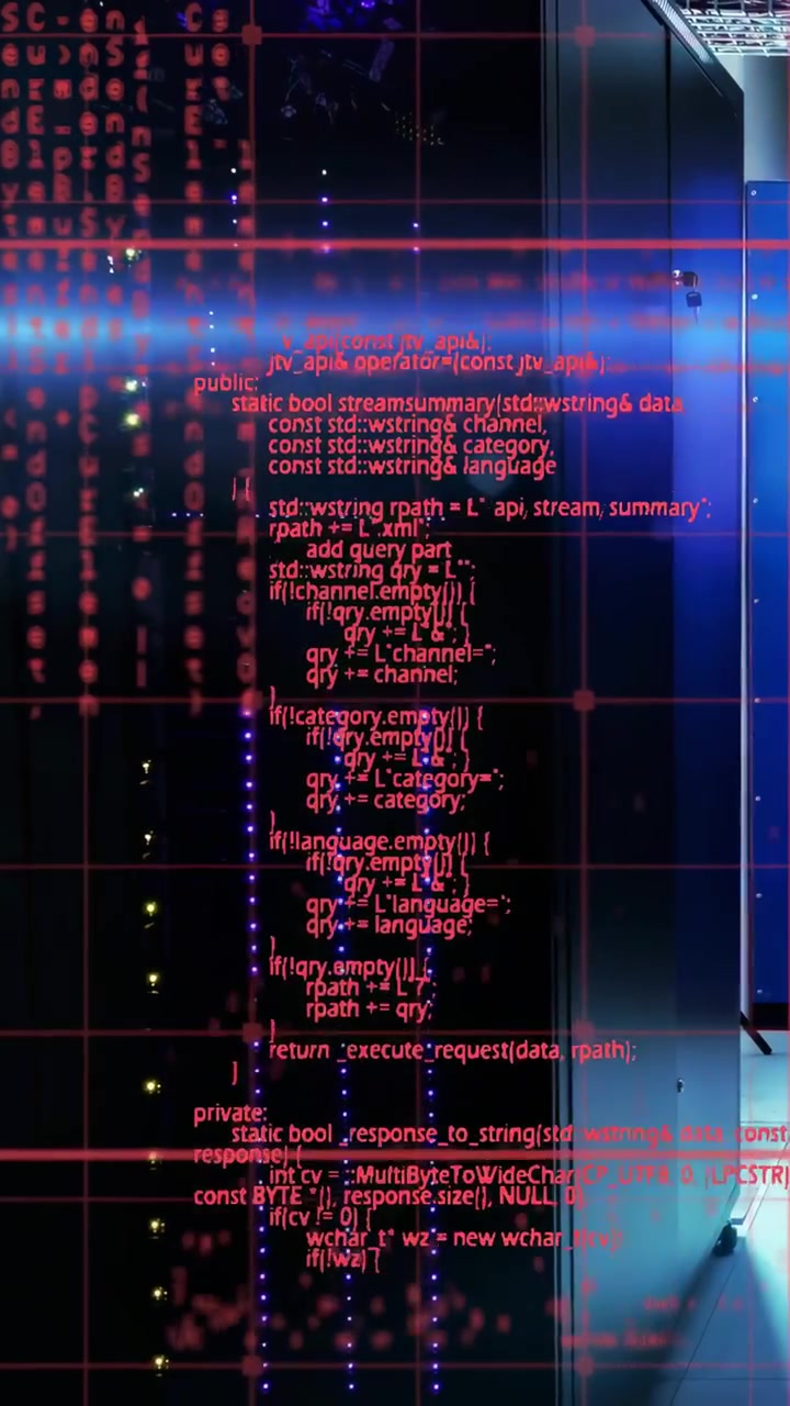 Vertical video: Red code HUD scrolling, clearing to reveal data center server rack and blue LEDs