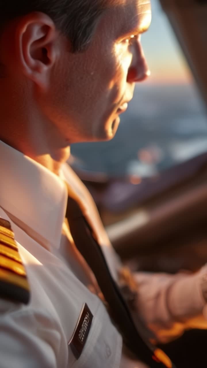 Un pilota nella cabina di pilotaggio analizza i dati di navigazione su un tablet mentre osserva il tramonto per una gestione ottimale del volo e la sicurezza della navigazione