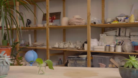 camera focuses an empty table in a craft workshop, then a little girl a boy place plants on top