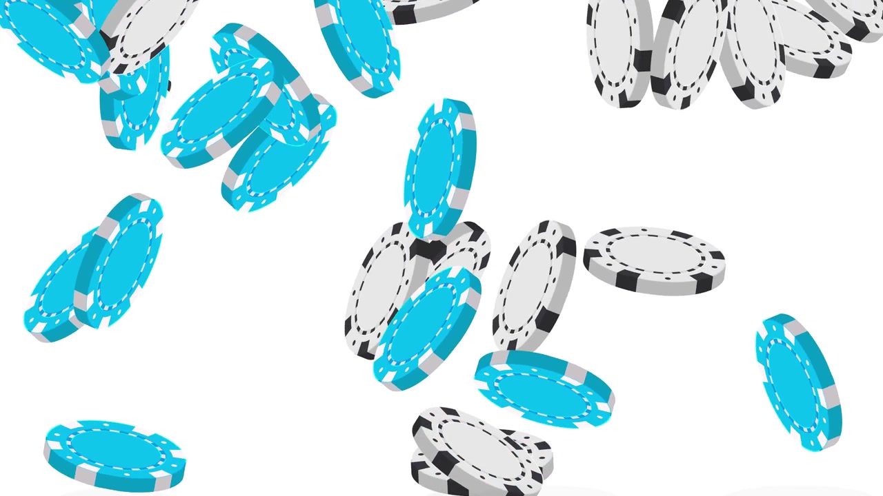 Dynamic 3D animation of blue and white gambling chips falling and bouncing against white.