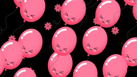 animation of multiple pink balloons over flowers on black background