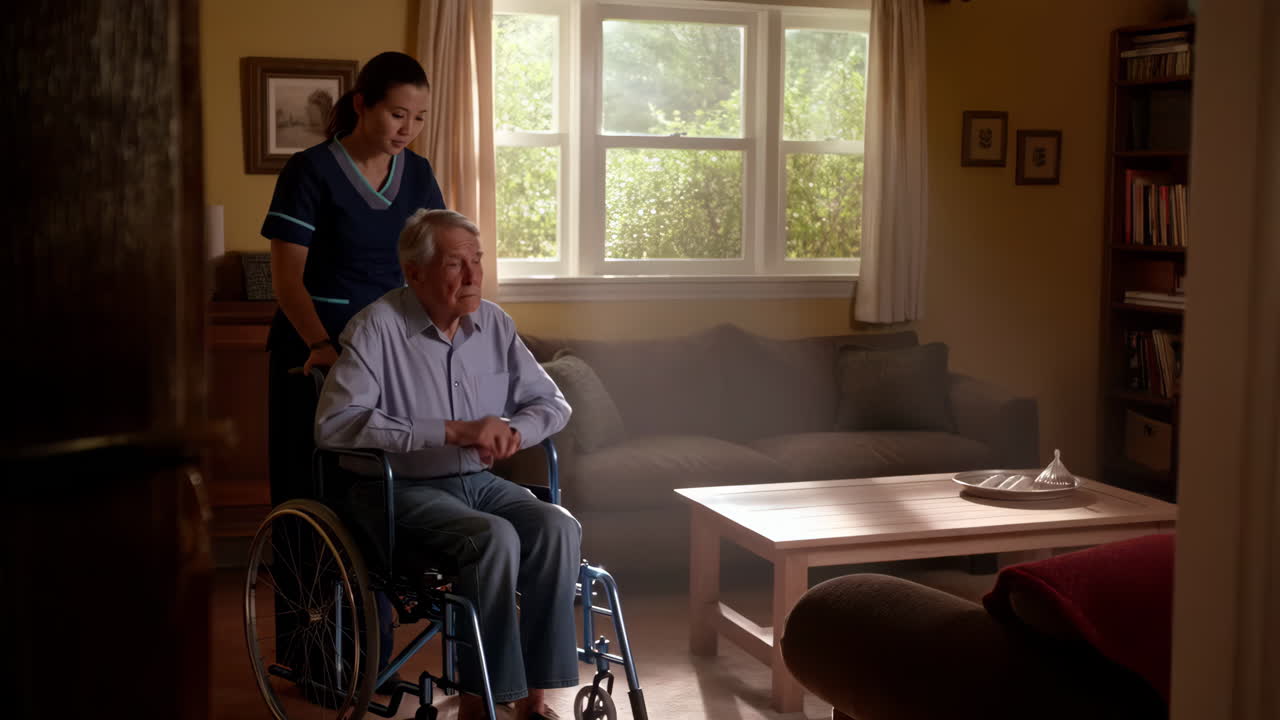 Caregiver Assists Elderly Man with Wheelchair in Living Room