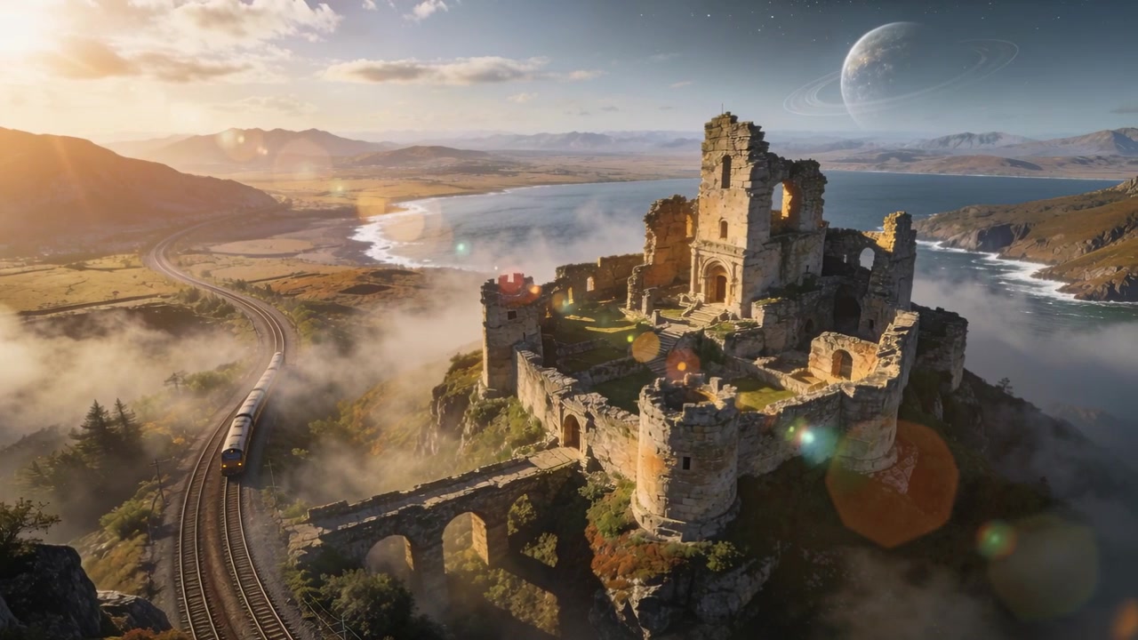 Mostrando un castello in rovina adagiato su una scogliera, il sole che sorge fa diradare la nebbia, un treno che emerge su un viadotto.