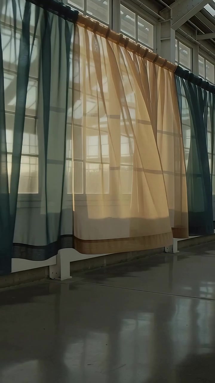 Video verticale: Una brezza leggera muove tende trasparenti attraverso le finestre nel corridoio, rivelando il binario a soffitto