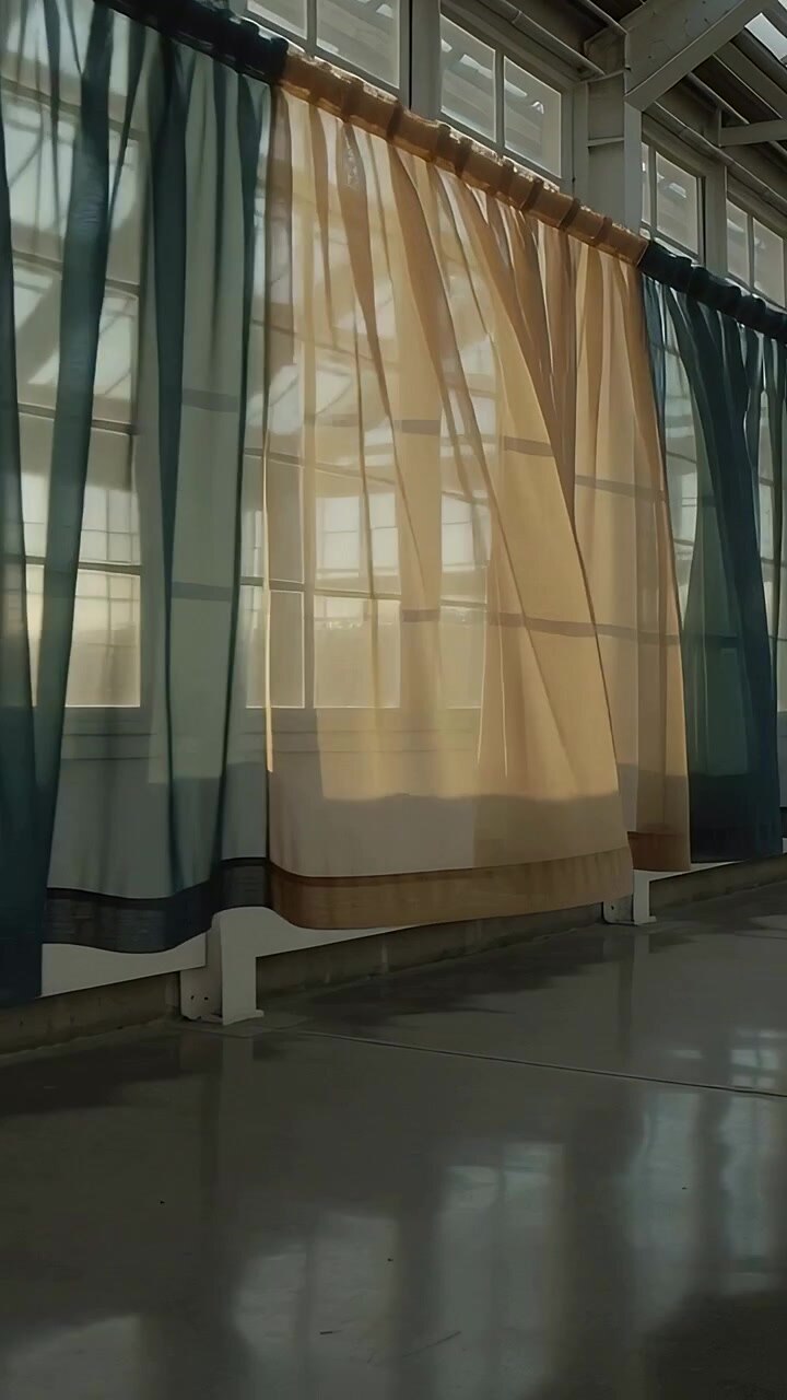 Video verticale: Una brezza leggera muove tende trasparenti attraverso le finestre nel corridoio, rivelando il binario a soffitto