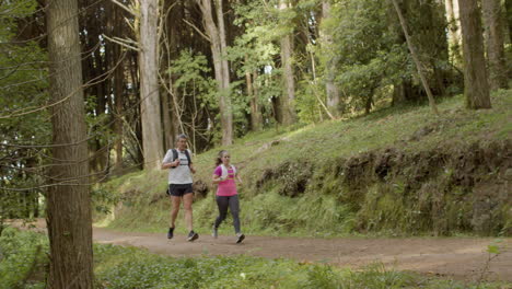 male and female athletes running on trail in forest