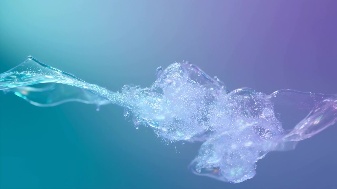 Translucent liquid ribbon crosses soft cyan to violet gradient background, meeting frothy central splash with shimmering droplets, glossy edges, smooth flowing curves, cool light, and clean
