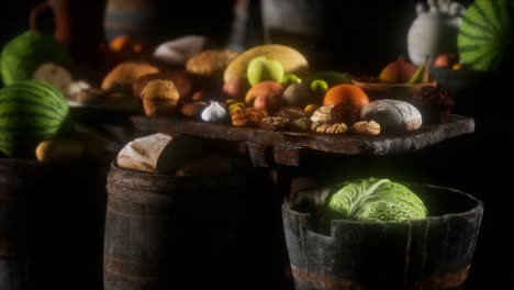 food table with wine barrels and some fruits, vegetables and bread