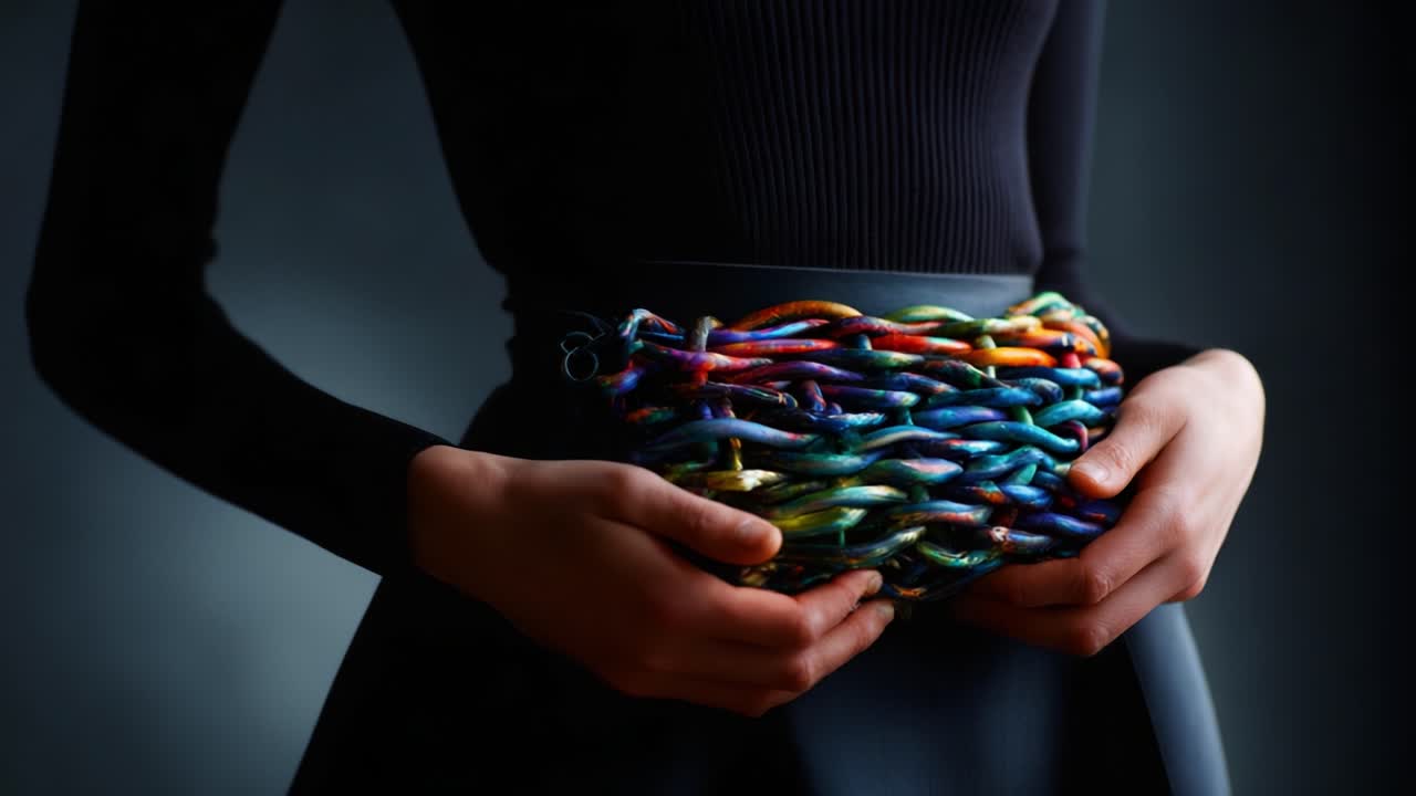 A captivating display of artistic craftsmanship featuring a vibrant, colorful woven accessory held by a model, showcasing intricate design and blending high fashion with contemporary aesthetics