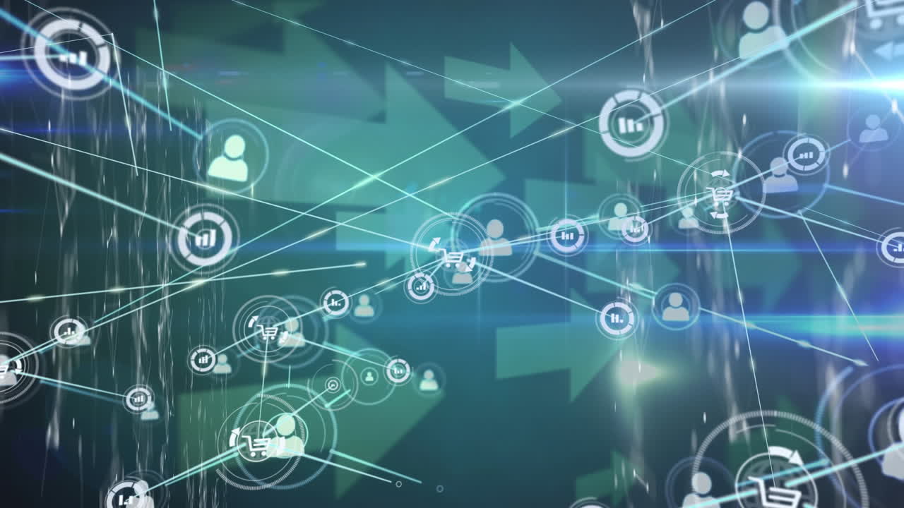 Video animato di una rete di connessioni con icone di persone sui nodi e simboli di frecce