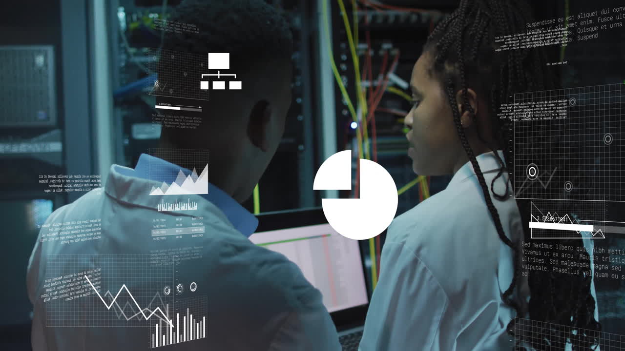 Animation of data processing and diagrams over biracial workers using laptop in server room