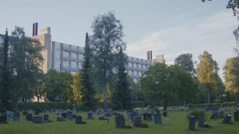 Ullevål Hospital in Oslo on a sunny summer day. Seen from the cemetery close by.