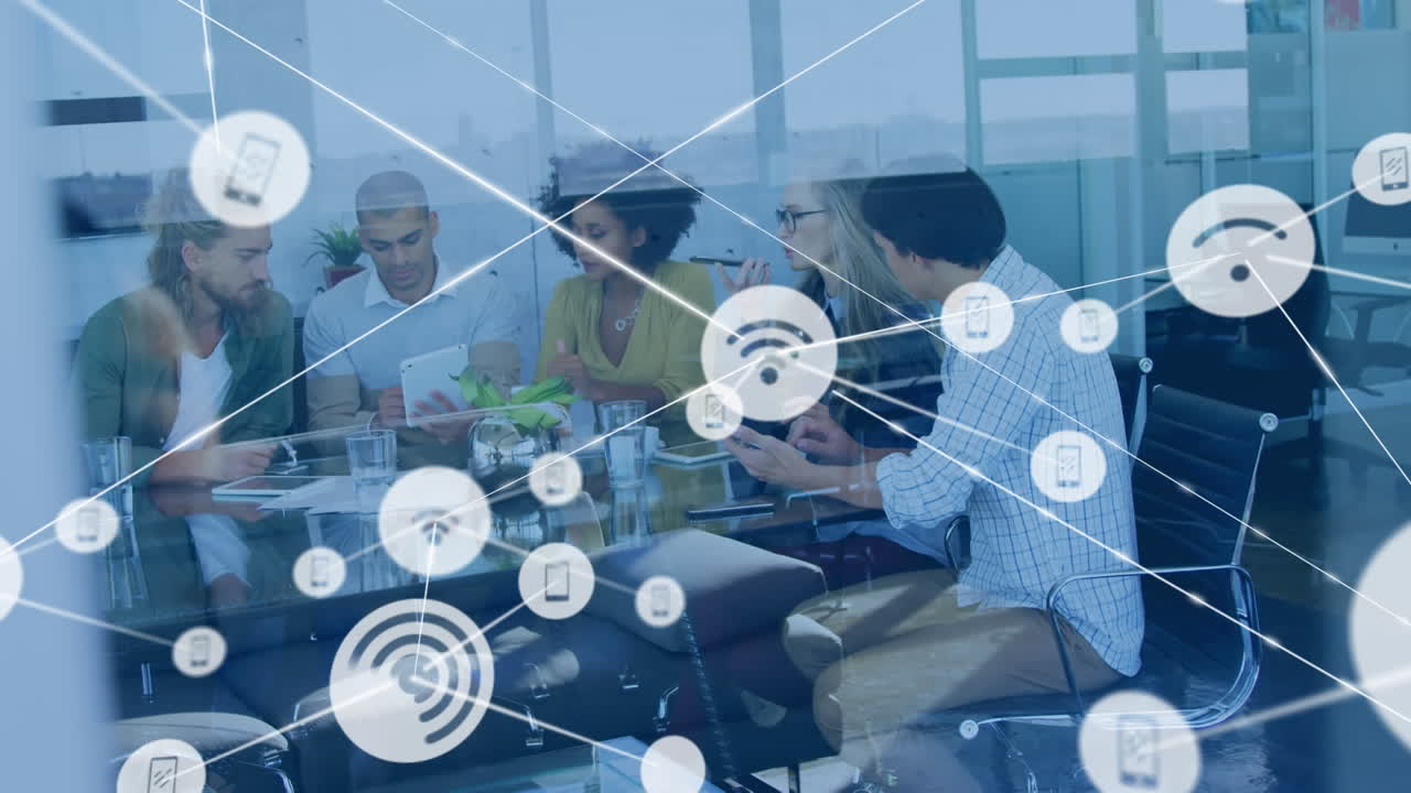 Animation of network of connections over diverse business people using electronic devices