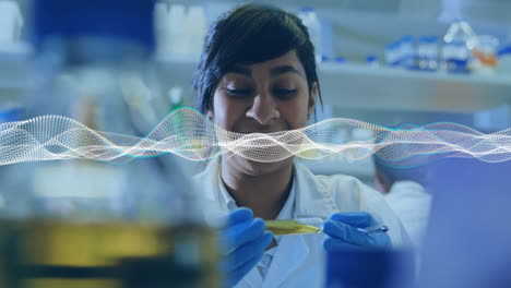 scientist examining sample in laboratory with dna strand animation overlay