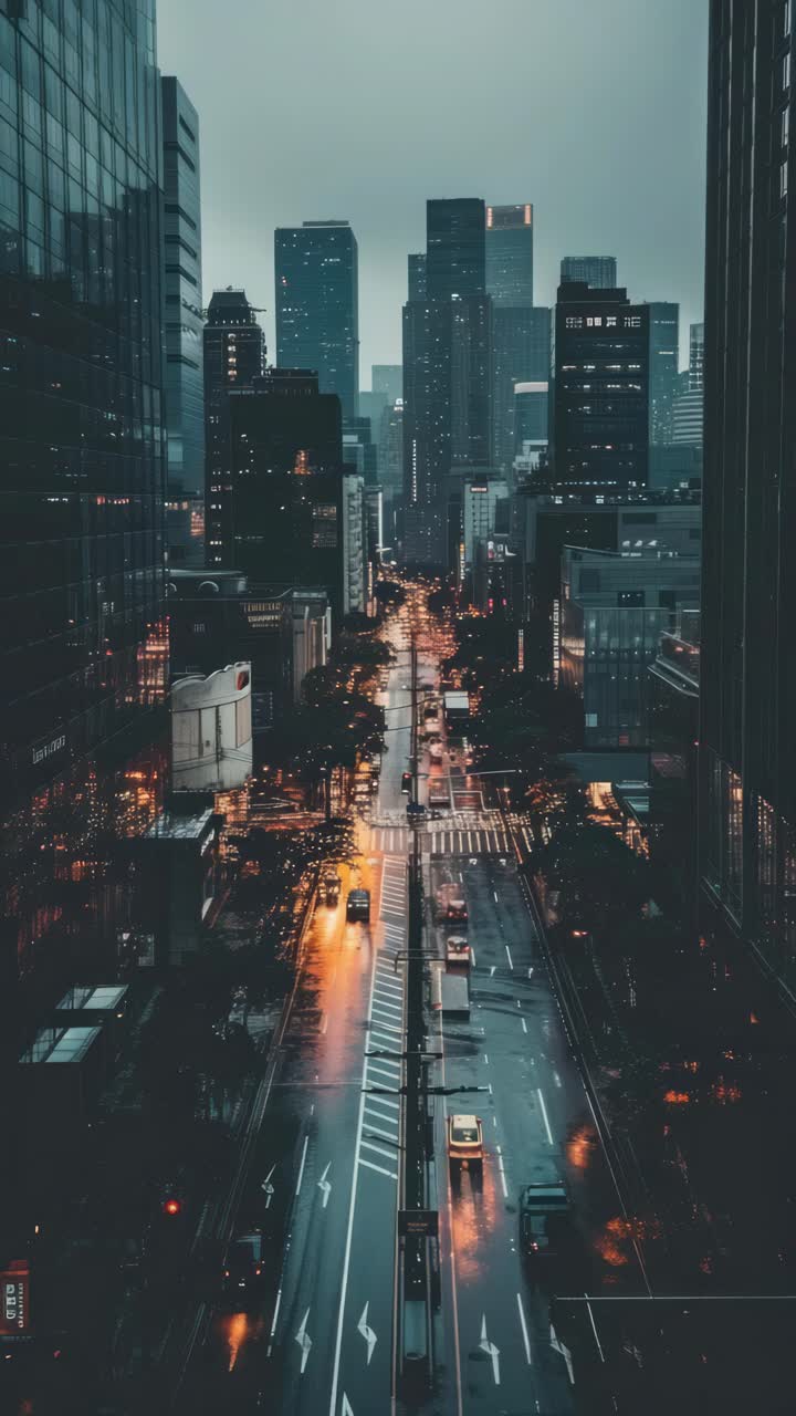 Aerial view of a bustling city street at dusk, capturing the urban landscape with a cinematic video