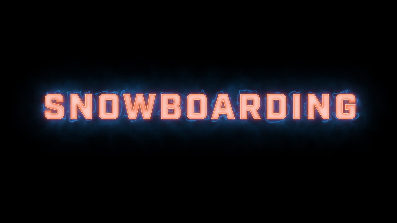una breve revelación tipográfica de movimiento gráfico de alta calidad de las palabras "snowboarding" con varias opciones de color en un fondo negro, animada dentro y fuera con elementos eléctricos y brumosos