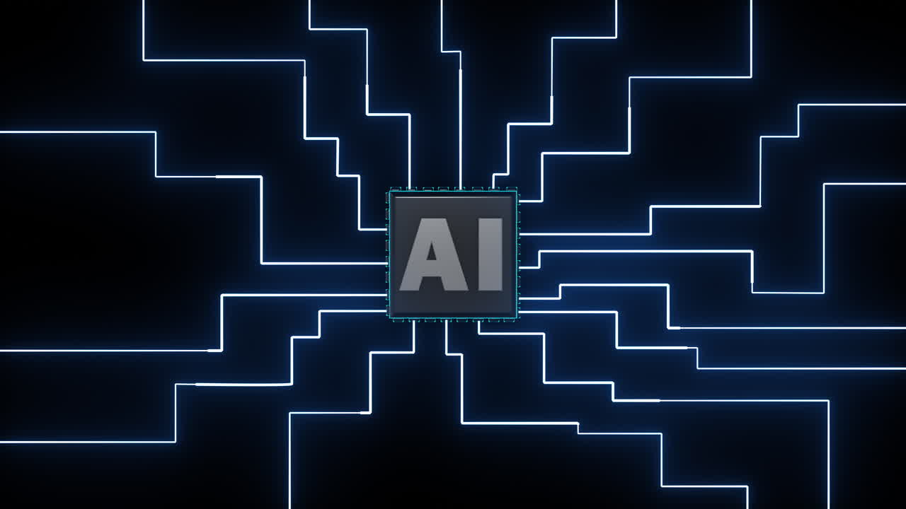 Semiconductor AI chip moving into place in 3D. Brilliant blue light pulses through intricate nanocircuits, representing rapid cloud processing and next-gen digital logic. Machine learning animation