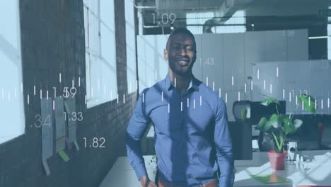 Animation-of-statistical-data-processing-against-portrait-of-african-american-man-smiling-at-office