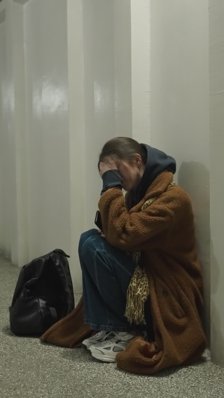 A girl in a brown coat sits bent over in an underpass tunnel, her hand covering her face while holding her phone. Her expression conveys deep disconsolation and trouble